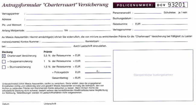 Prospekt Reiseversicherung Antragsformular