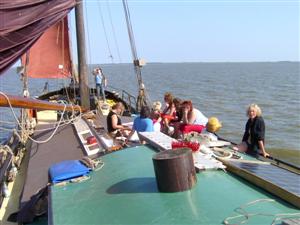 lekker aan dek zitten terwijl het schip zeilt. soms
                even opstaan en de handen uit de mouwen om bv. overstag
                te gaan. Daarna weer lekker koffie drinken of een boek
                lezen of pannekoeken bakken... of waar je maar zin in
                hebt, je kunt ook op je kooi gaan liggen en het klotsen
                van het water luisteren.