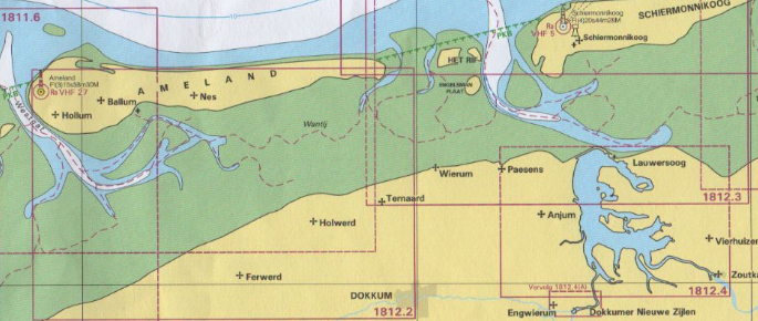 kaart van het Wad onder Ameland
